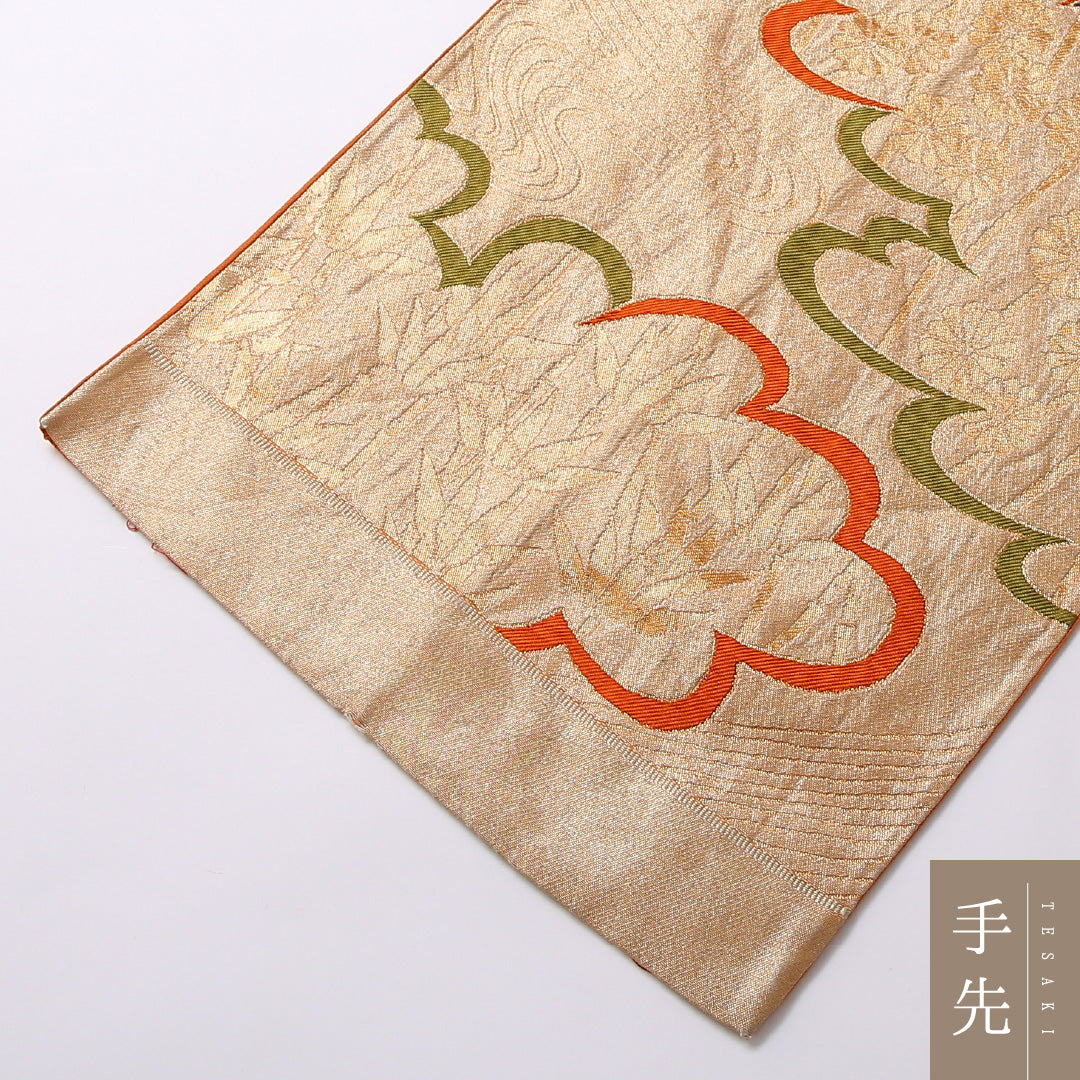 アンティーク 袋帯 帯丈424cm 六通 未仕立て Aランク 正絹 雲取り 吉祥文様 古典的 淡い 金系 1223-01676