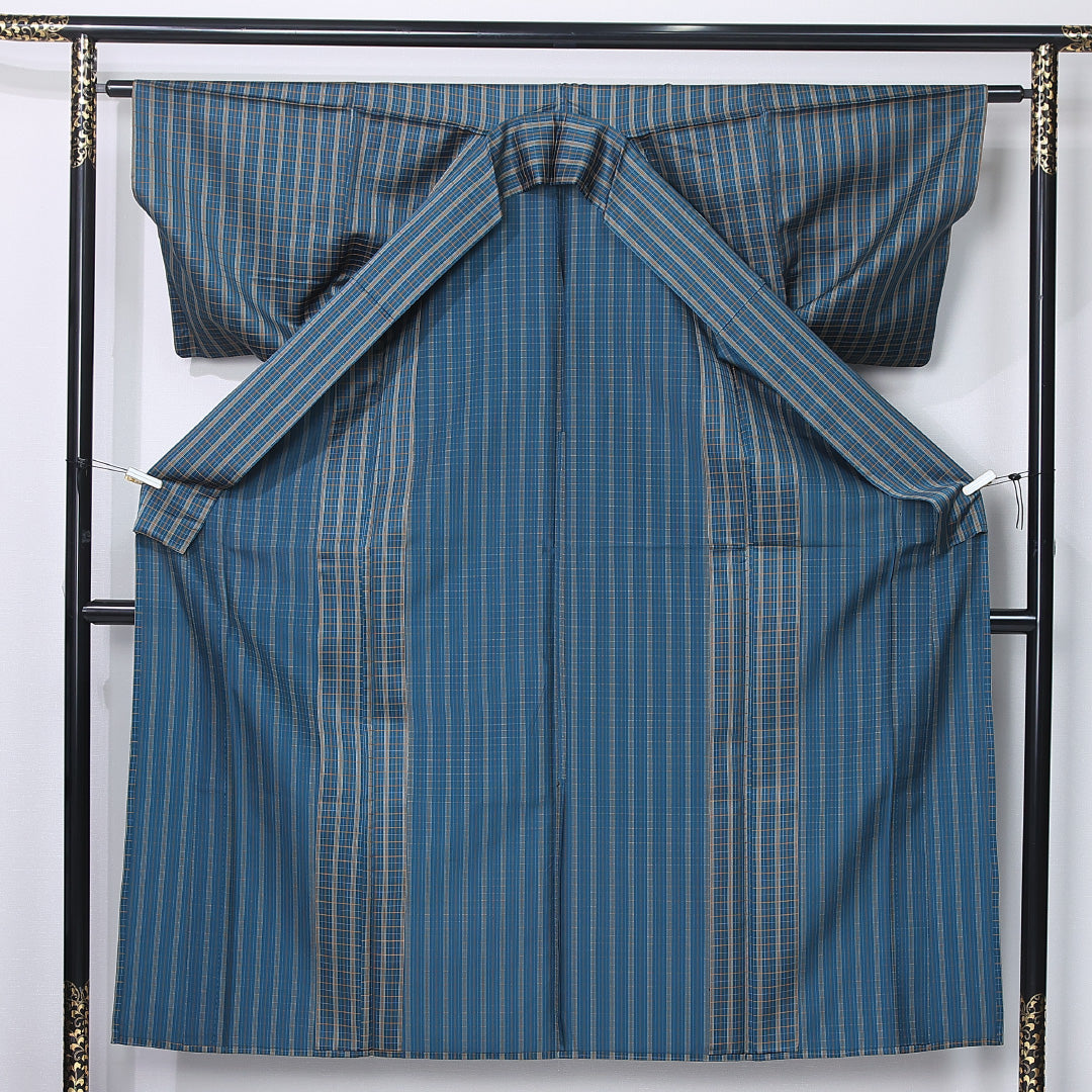 紬 単衣 身丈152cm 裄丈62cm 正絹 Sランク カジュアル 広衿 Sサイズ 格子 青系 RP 1223-12250