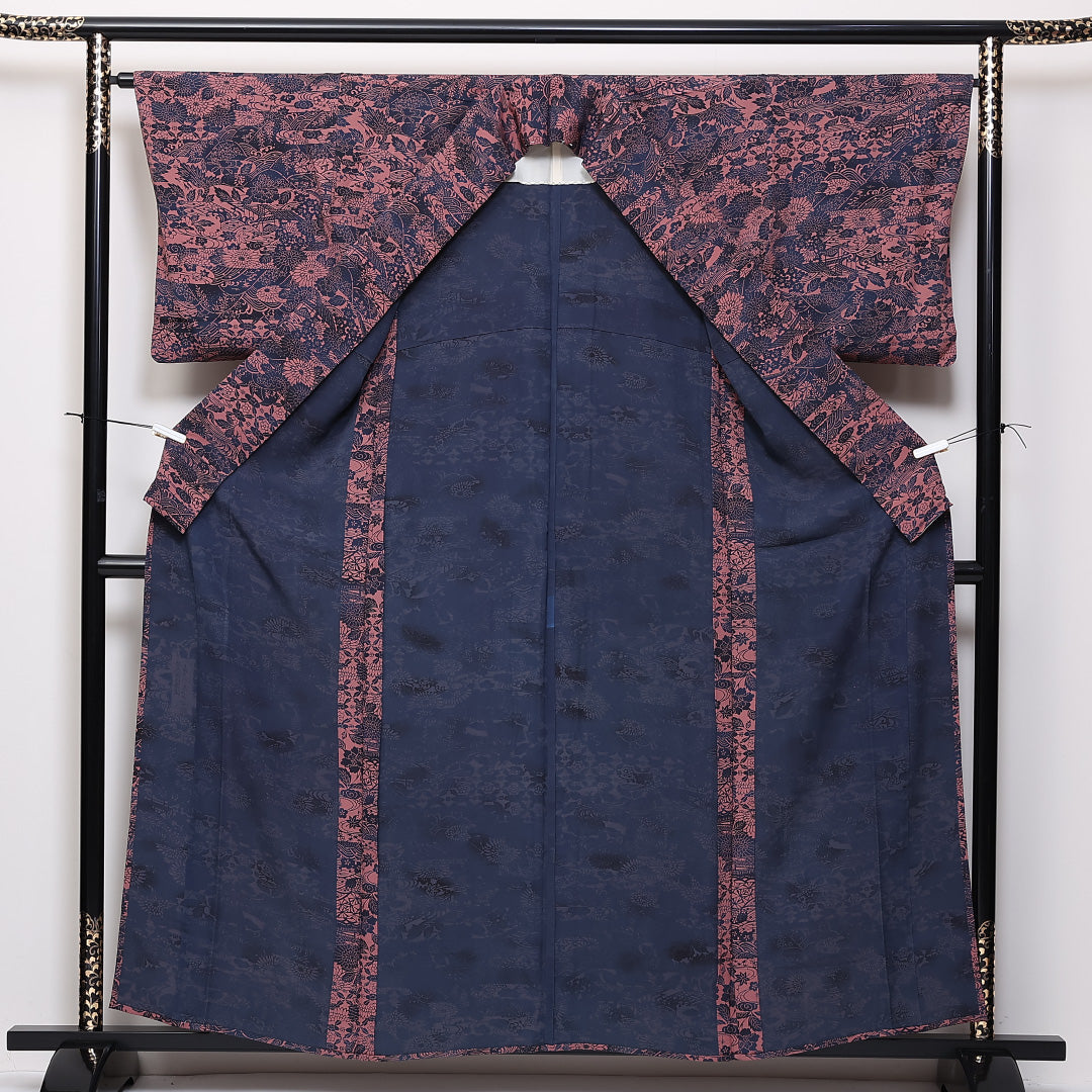 小紋 単衣 身丈160cm 裄65cm 正絹 阿波愛 藍染 作家物 紺系 ピンク系 落款 Aランク 1215-02429
