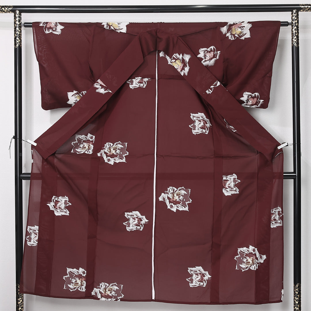 夏物 紬 絽 身丈148cm 裄丈62cm 正絹 Sランク カジュアル 広衿 XSサイズ 花柄 茶系 RP 1223-12463