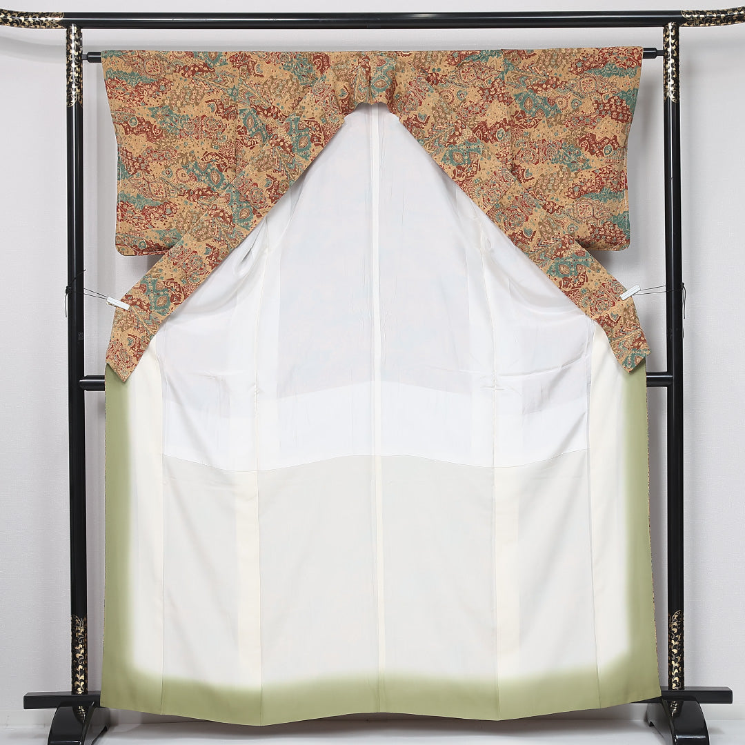 小紋 袷 身丈163cm 裄丈62cm 正絹 Sランク インフォーマル 広衿 Lサイズ ペイズリー 茶系 RP 1221-12058