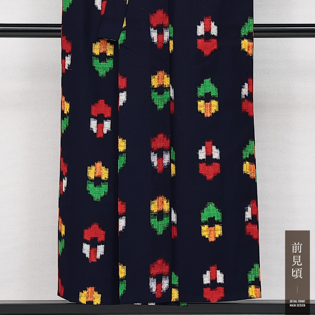 アンサンブル 洗える着物 ウールの紬 単衣 身丈150cm 裄丈64cm ウール Sランク カジュアル バチ衿 Sサイズ 紐あり 創作柄 紺系 RP 1223-14540