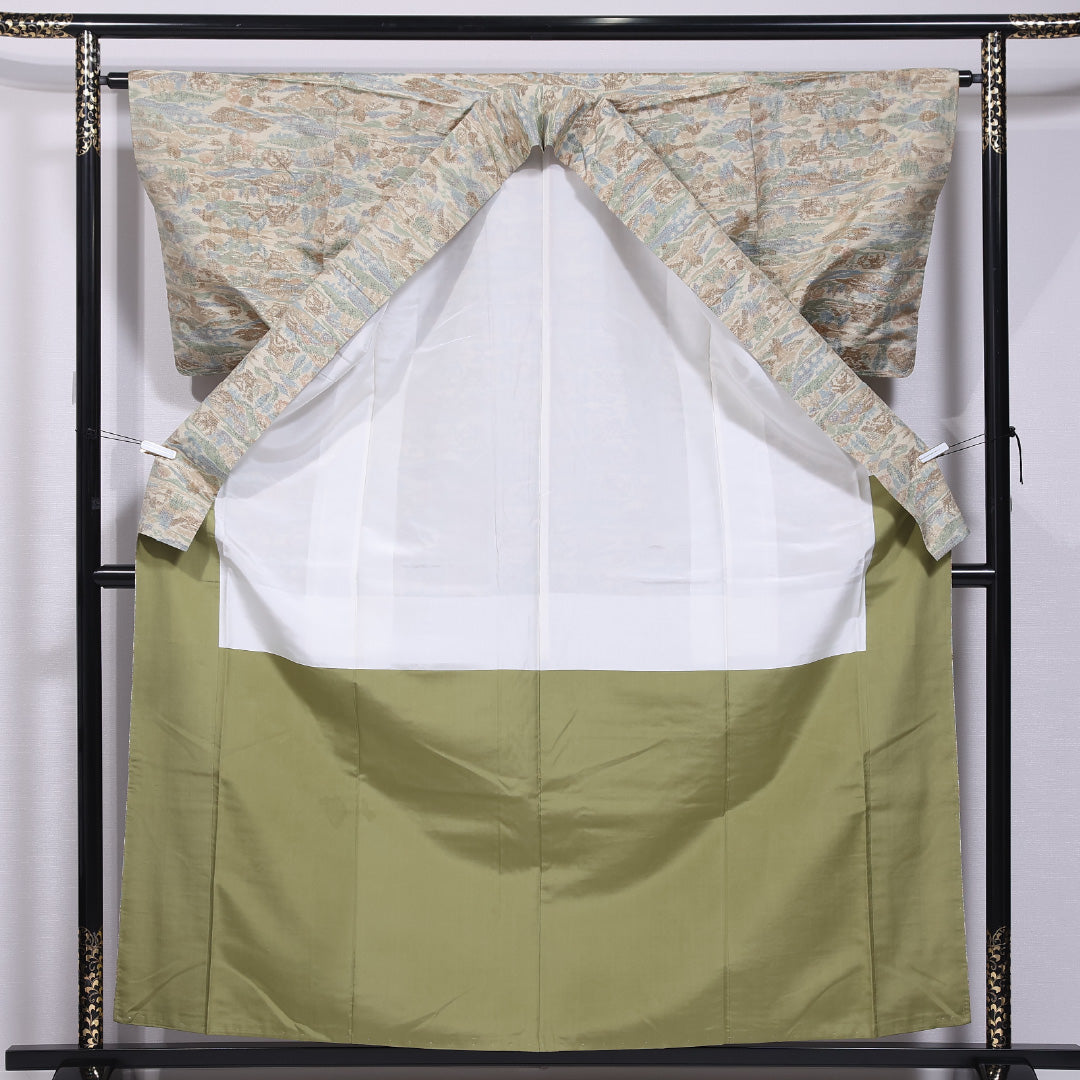 紬 袷 身丈158cm 裄丈63cm 正絹 Sランク カジュアル 広衿 Mサイズ 茶屋辻 ベージュ系 RP 1223-11825