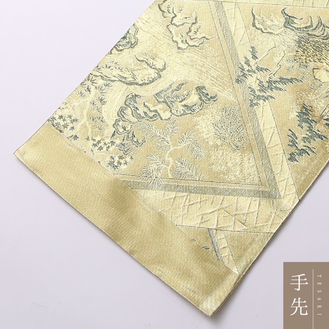 袋帯 帯丈452cm 六通 未仕立て フォーマル Sランク 正絹 佐賀錦 松 古典的 重厚感 証紙 金系 1223-01609