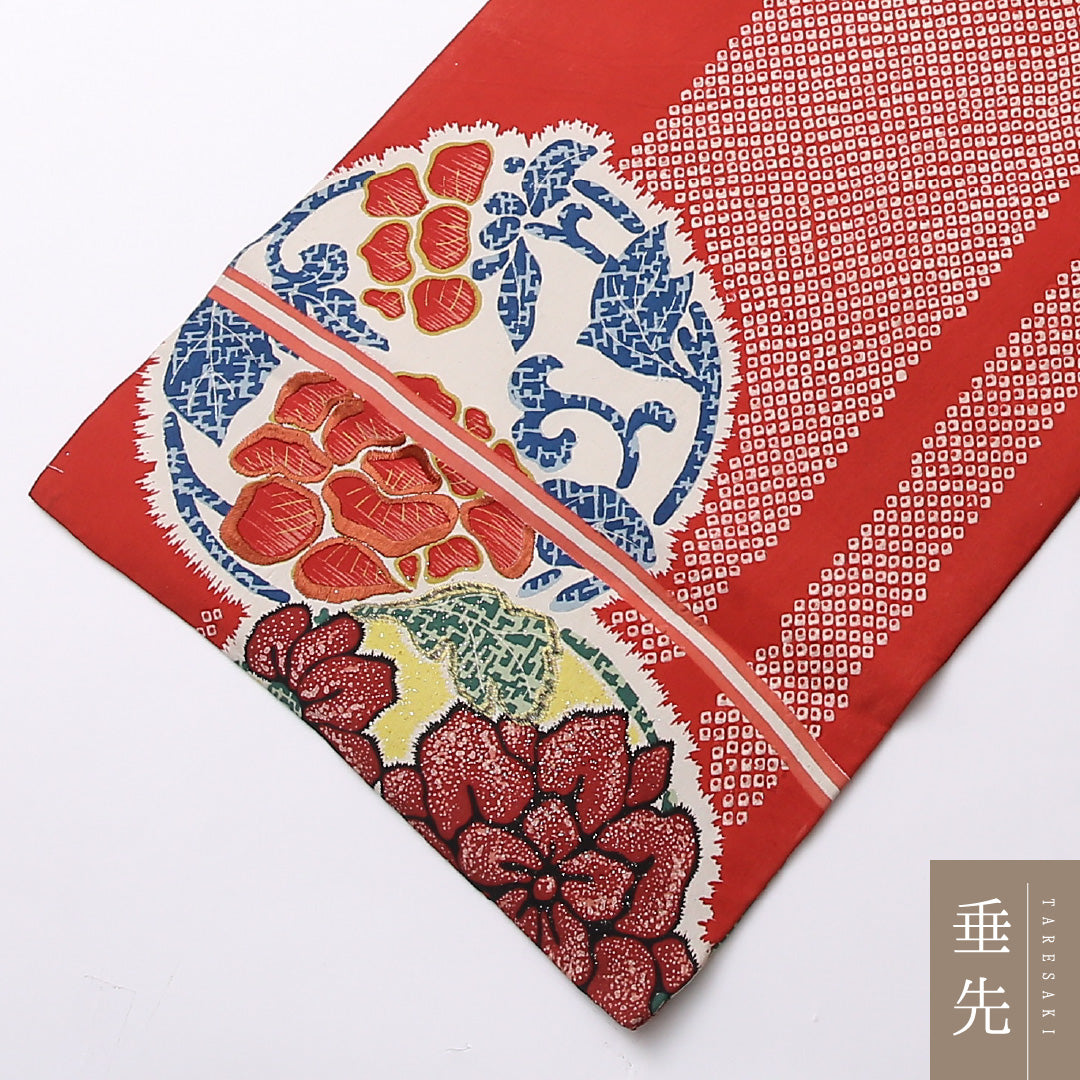 アンティーク 九寸 名古屋帯 帯丈342cm 名古屋仕立て 全通 Aランク カジュアル 正絹 刺繍 花柄 芸術的 存在感 赤系 1224-02737