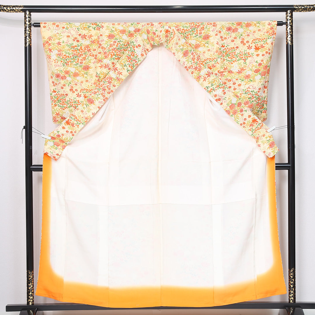 小紋 袷 身丈157cm 裄丈62cm 正絹 Sランク インフォーマル 広衿 Mサイズ 菊 紅葉 クリーム系 RP 1221-11963