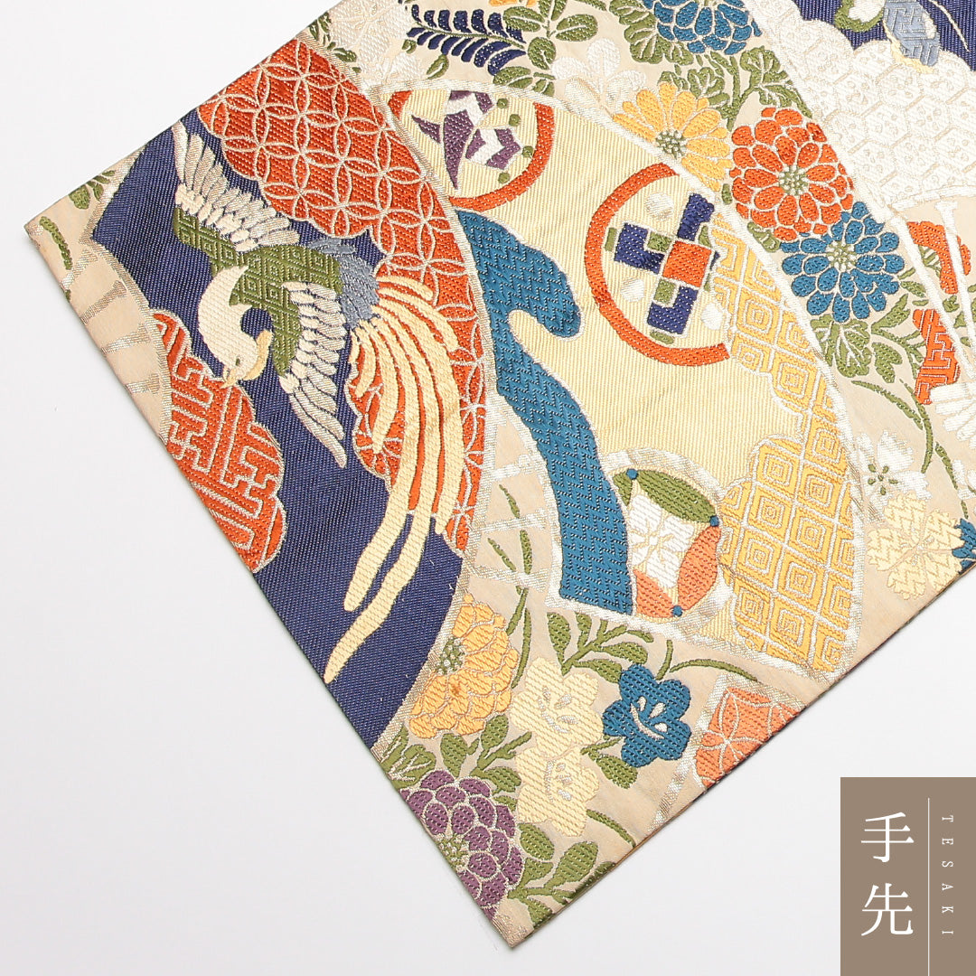 アンティーク 丸帯 全通 帯丈388cm Aランク 正絹 尾長鳥 蝶 扇子 クリーム系 1223-01422