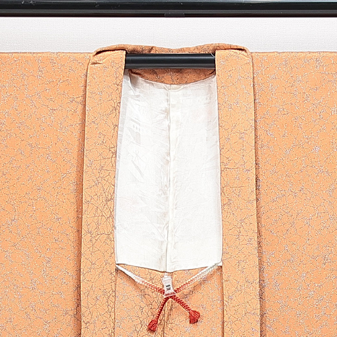 羽織（お召） 袷 身丈82cm 裄丈64cm 正絹 Aランク Mサイズ カジュアル 紐あり 山 松 漆糸 朱系 1217-14851