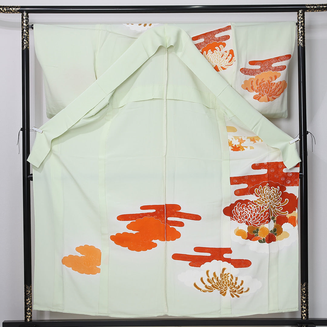 アンティーク 訪問着 身丈156cm 裄丈65cm Bランク M 正絹 単衣 広衿 金駒刺繍 エ霞 菊 緑系 1212-12323
