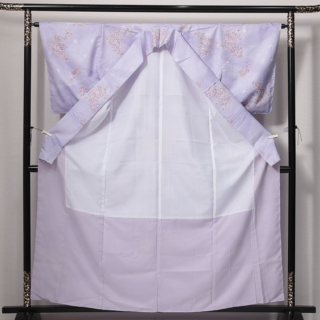 小紋 洗える着物 袷 身丈161cm 裄丈63cm ポリエステル Sランク Lサイズ 広衿 インフォーマル 花車 紫系 1215-14827
