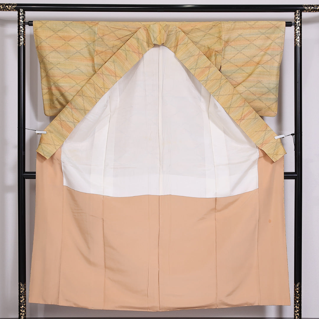 紬 袷 身丈154.5cm 裄62.5cm 正絹 真綿紬 格子 黄系 Aランク 1216-01439