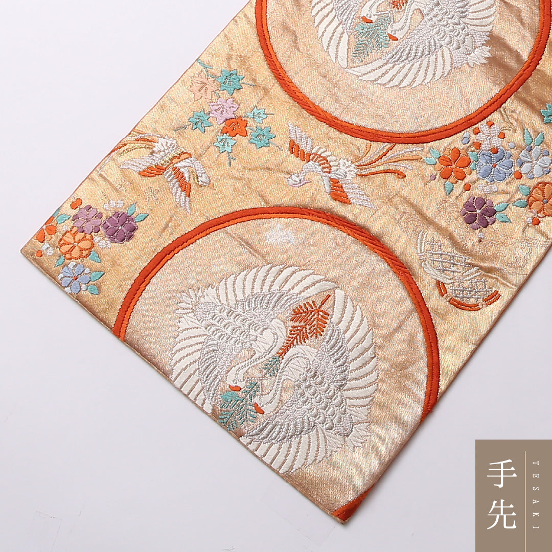袋帯 帯丈432cm 正絹 六通 フォーマル 鳳凰 丸文 朱系 1243-01578
