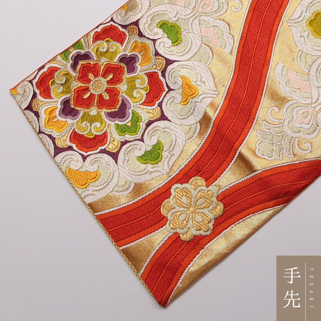袋帯 帯丈412cm 正絹 六通 フォーマル 唐織 宝相華 立涌 朱系 1243-01442