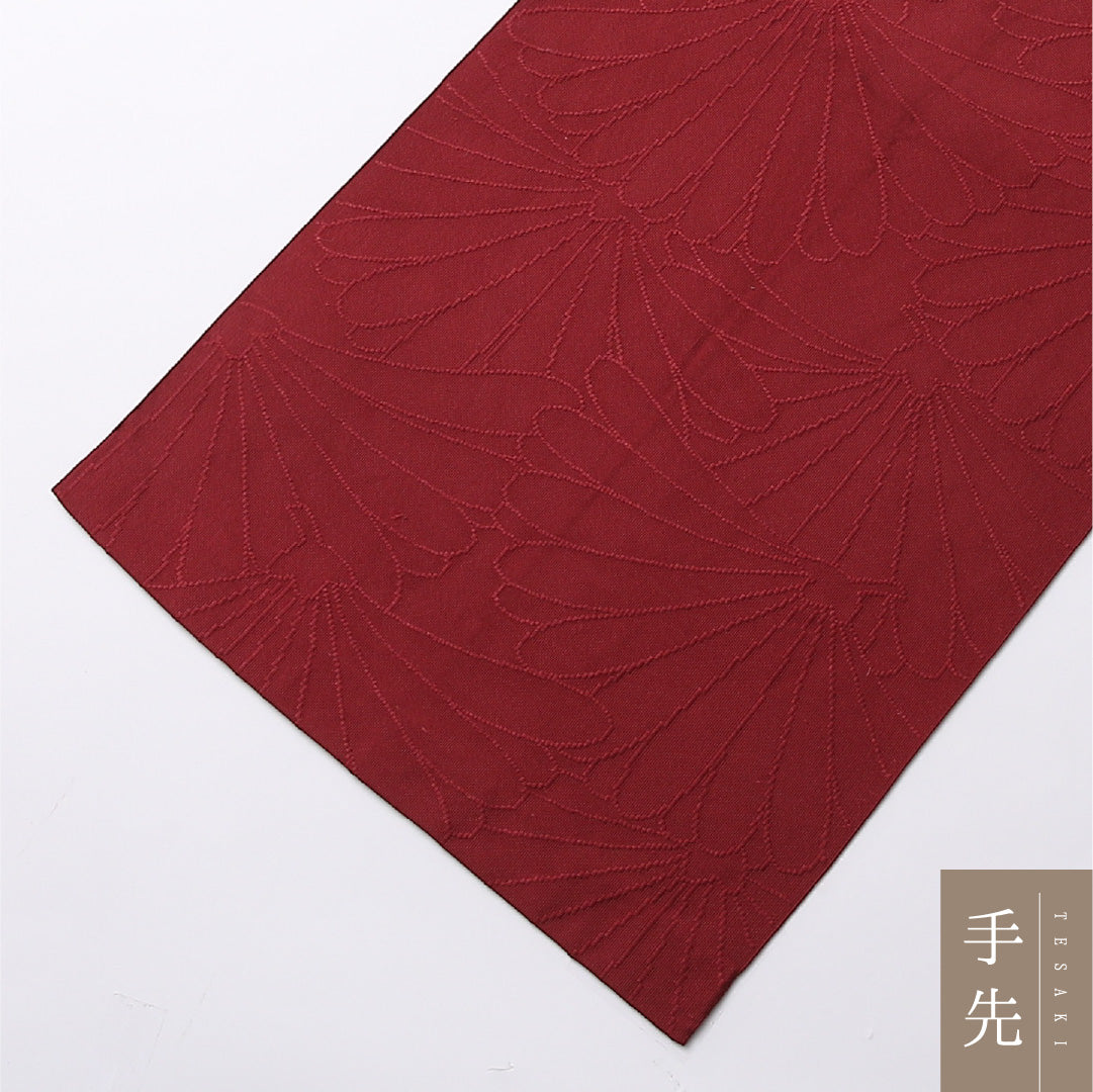 八寸名古屋帯 Cランク 帯丈368cm 正絹 全通 開き仕立て 織り セミフォーマル 菊 赤系 HP 1245-02765