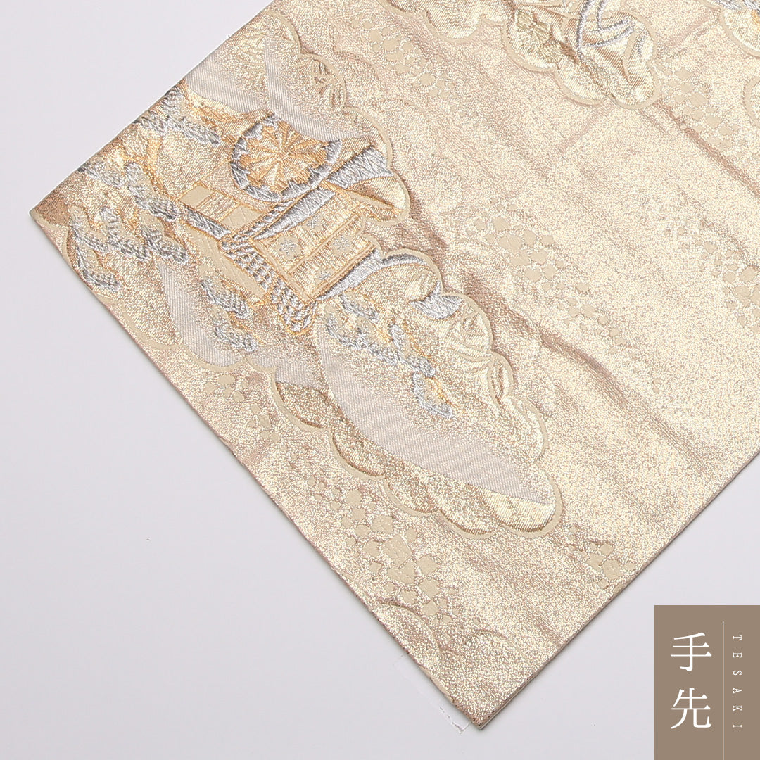 袋帯 帯丈412cm 六通 御所解 フォーマル クリーム系 正絹 Aランク 1223-01065