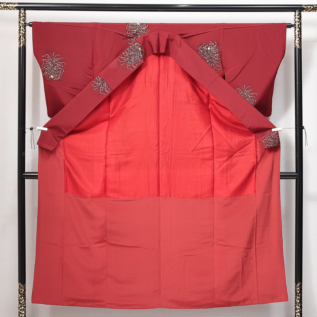 アンティーク お召 袷 身丈153cm 裄丈62cm 正絹 Aランク Sサイズ 広衿 菊 赤系 1265-14893