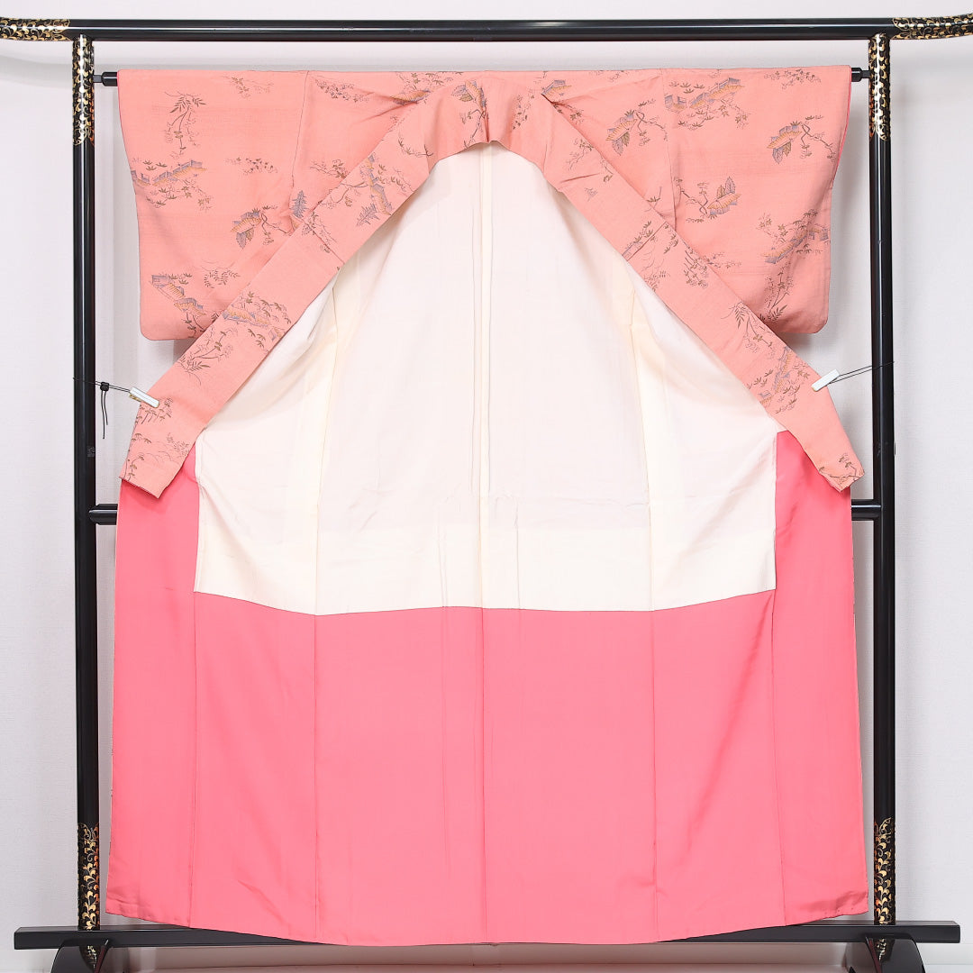 小紋 袷 身丈160cm 裄丈64cm 正絹 Sランク インフォーマル 広衿 Lサイズ 茶屋辻 ピンク系 RP 1221-12040