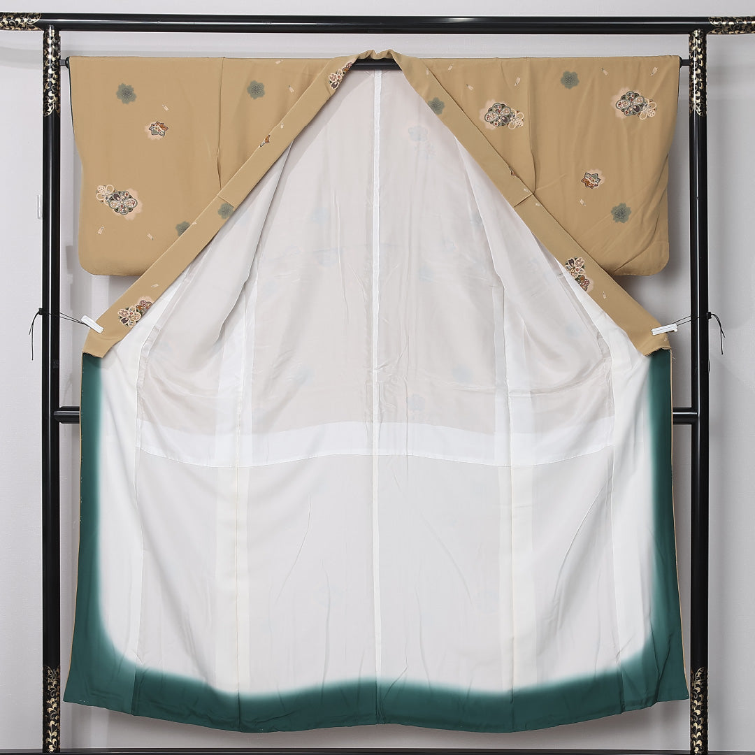 小紋 袷 身丈151cm 裄丈65cm 正絹 Sランク インフォーマル バチ衿 Sサイズ 花柄 黄系 RP 1221-12389