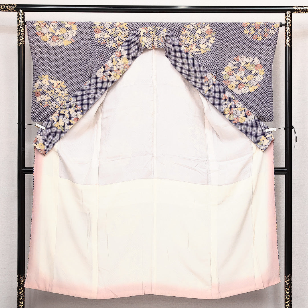 小紋 袷 身丈148cm 裄丈64cm 正絹 Aランク インフォーマル 広衿 XSサイズ 花文 紫系 RP 1221-14096