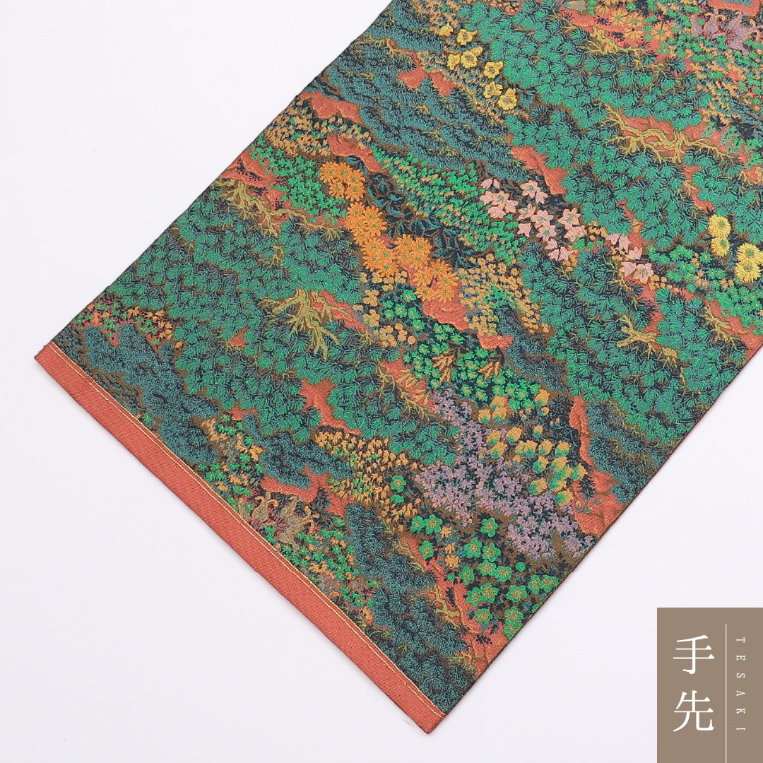 袋帯 帯丈432cm 全通 紹巴織 萬葉織苑 山喜織物 風景 カジュアル 緑系 正絹 Sランク 1223-00890