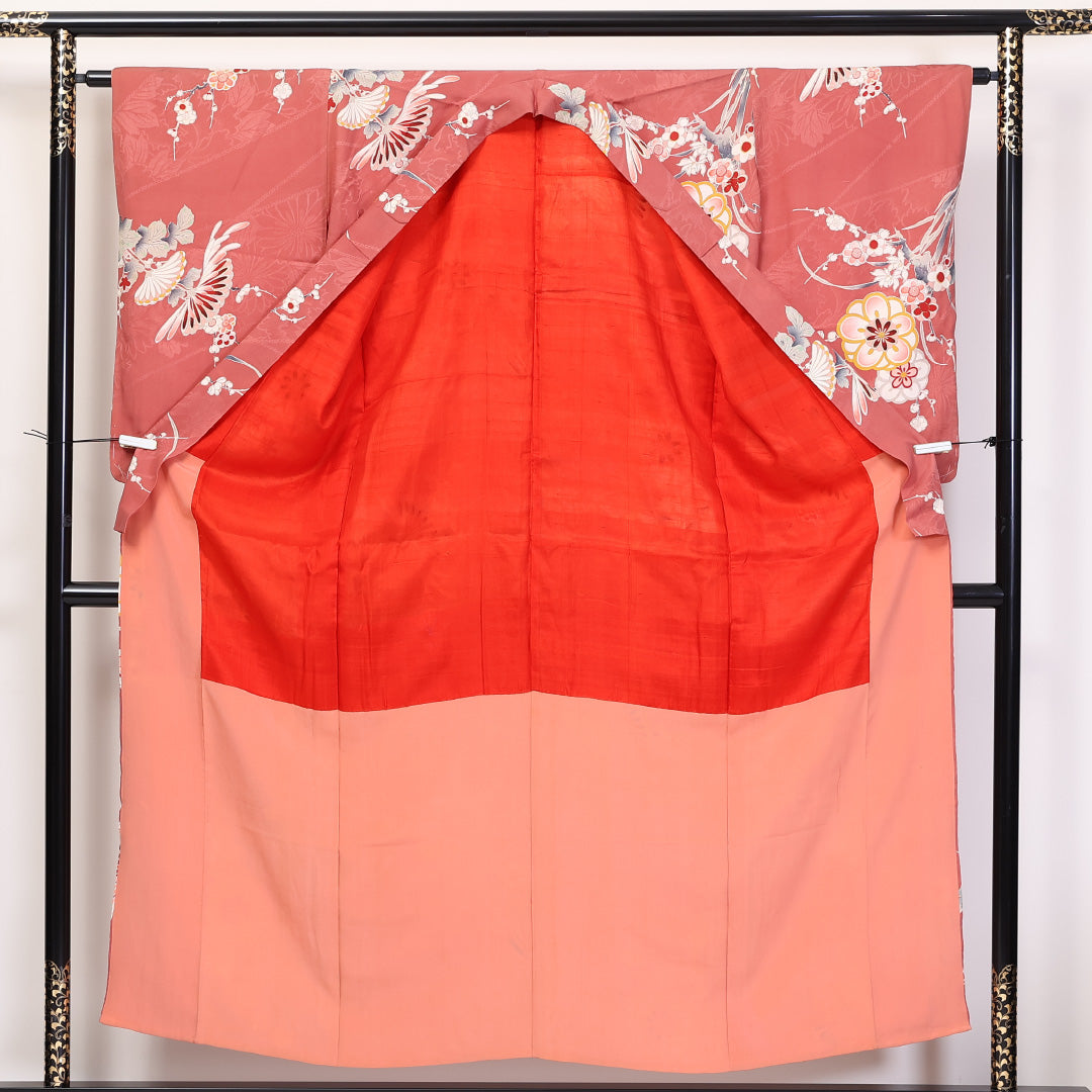 アンティーク 小紋 袷 身丈154cm 裄62.5cm 正絹 梅や菊 ピンク系 Cランク 1215-02299