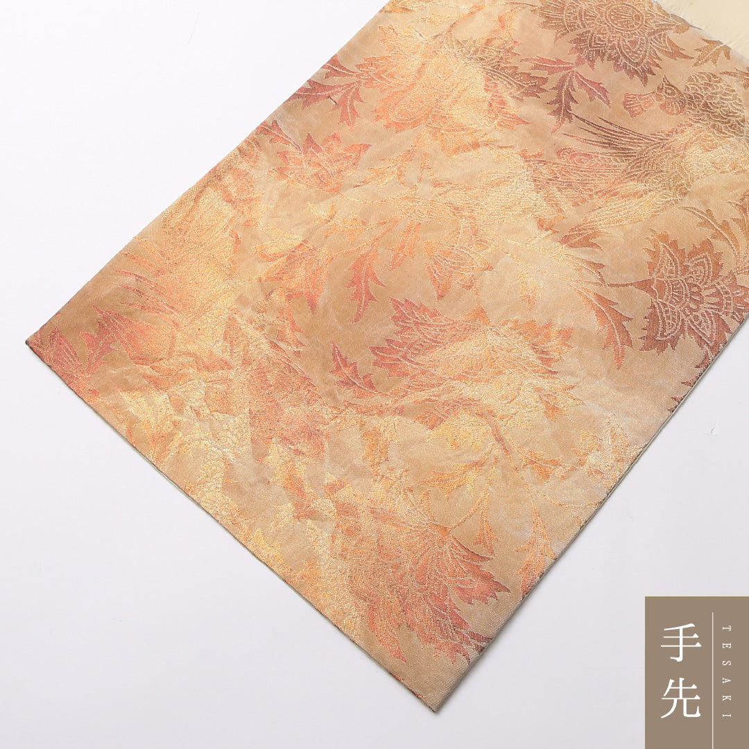 袋帯 帯丈416cm 正絹 六通 帯端のみ未仕立て 帯芯なし フォーマル 唐草鳳凰文 金系 ベージュ系 1243-01618