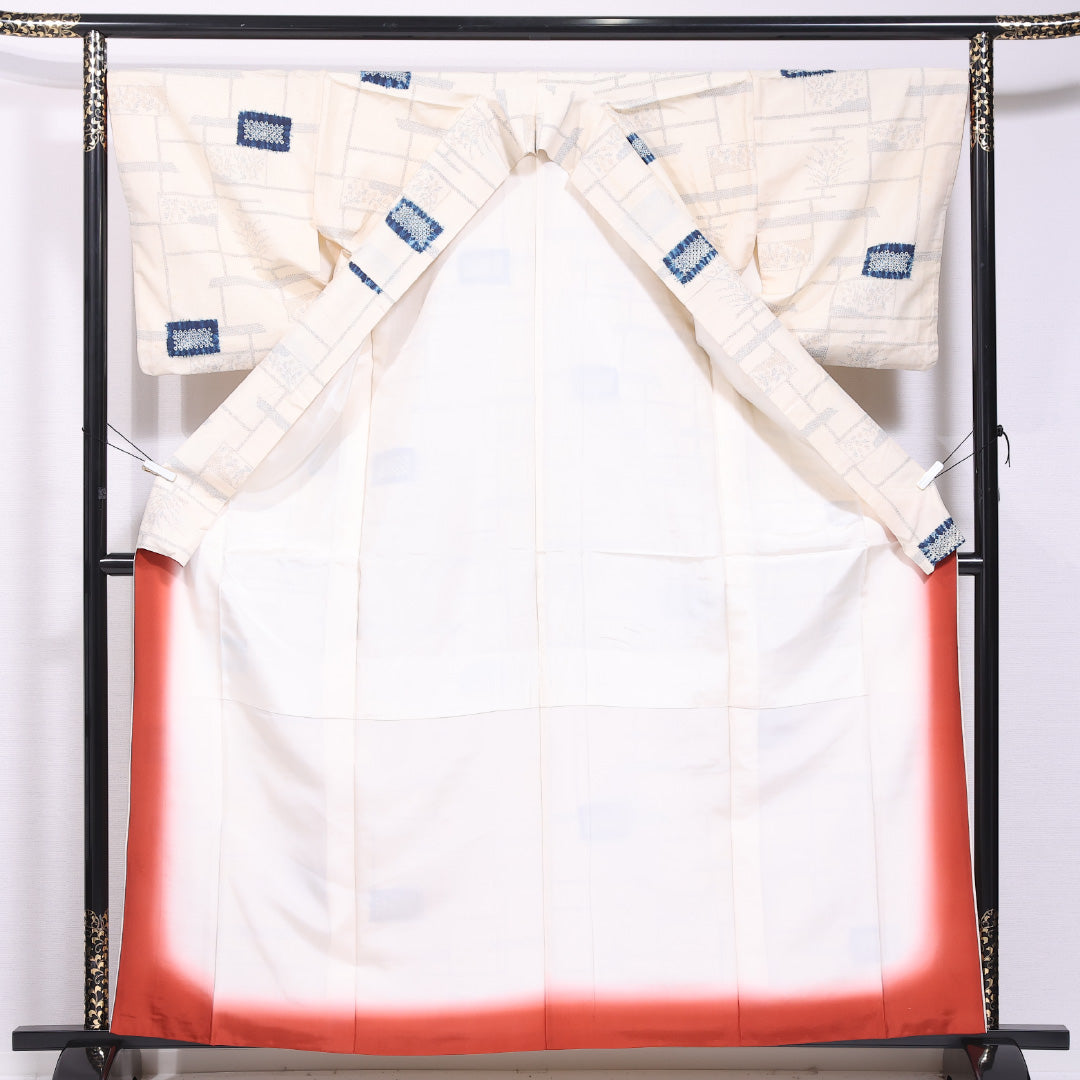 紬 袷 身丈160cm 裄丈67cm 正絹 Cランク カジュアル 広衿 Lサイズ 創作柄 クリーム系 LP 1223-11704