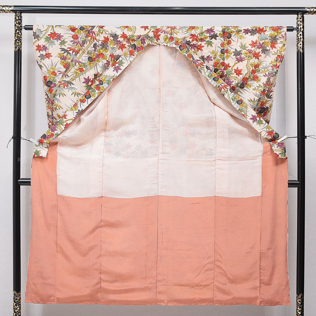 アンティーク 小紋 袷 身丈148cm 裄丈62cm 正絹 Bランク XSサイズ バチ衿 菊 紅葉 クリーム系 多色系 1215-15625
