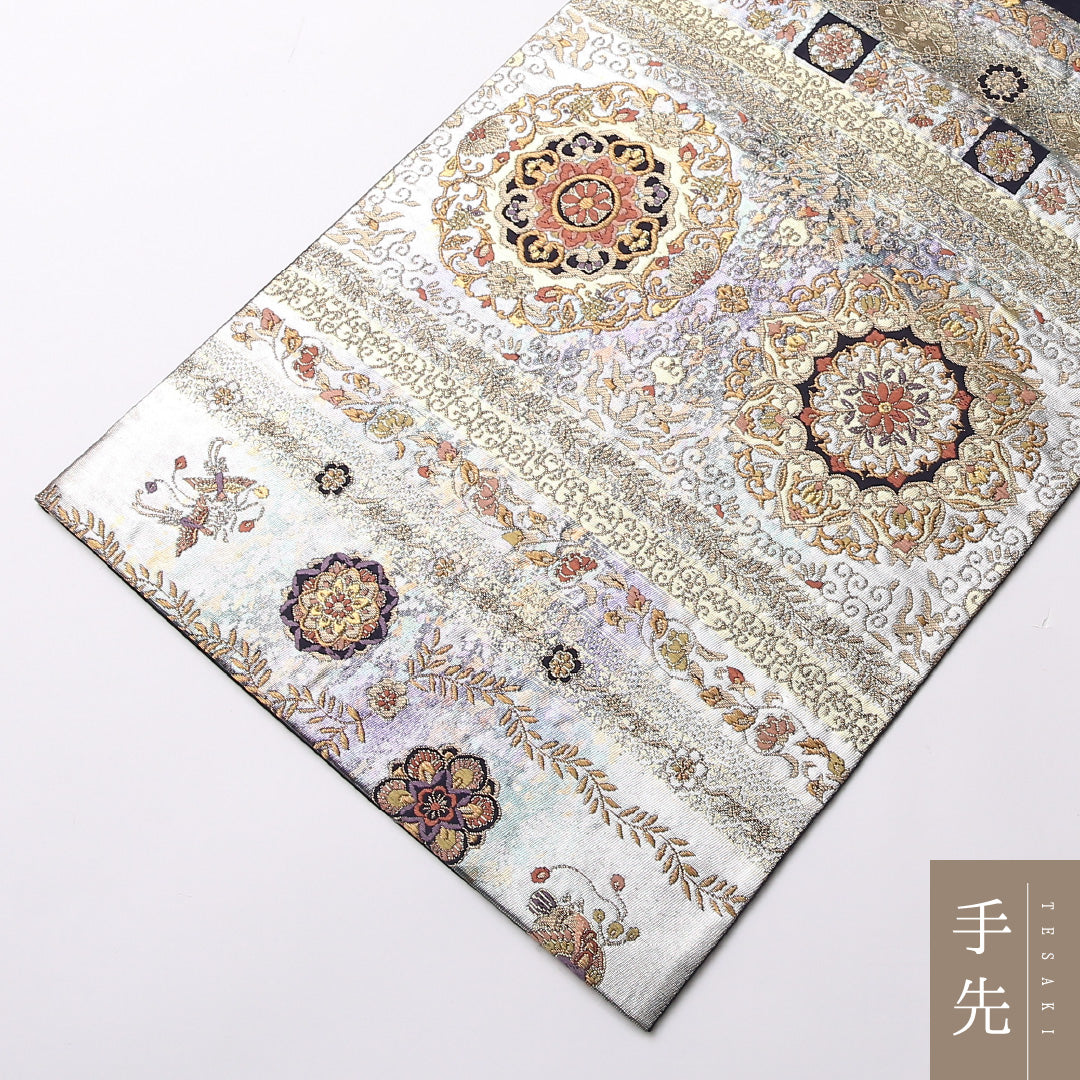 袋帯 帯丈436cm 正絹 六通 横取草華文 フォーマル 宝相華 銀系 1243-01619