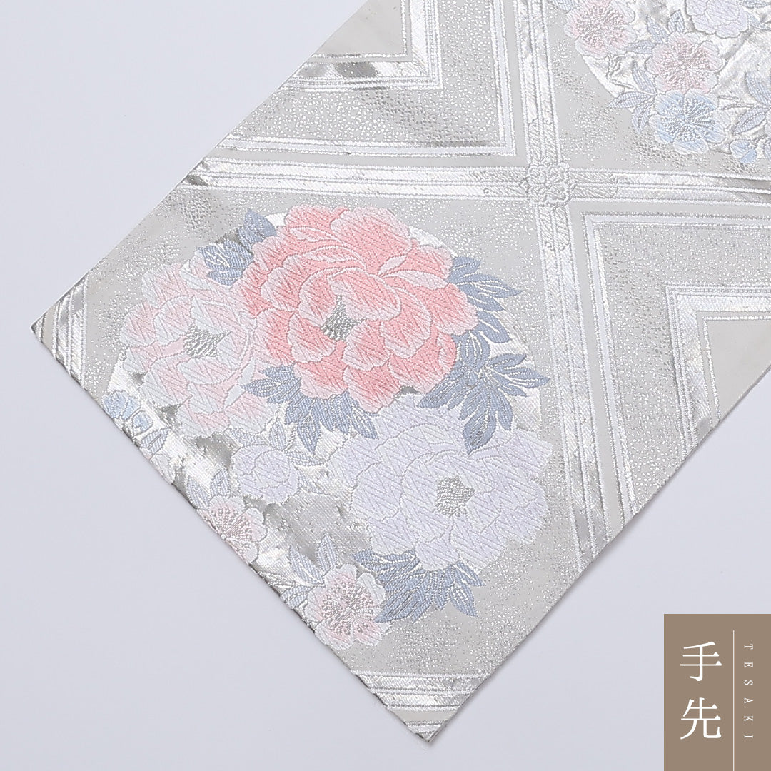 袋帯 帯丈416cm 六通 牡丹 花菱 セミフォーマル 銀系 正絹 Aランク 1223-00912