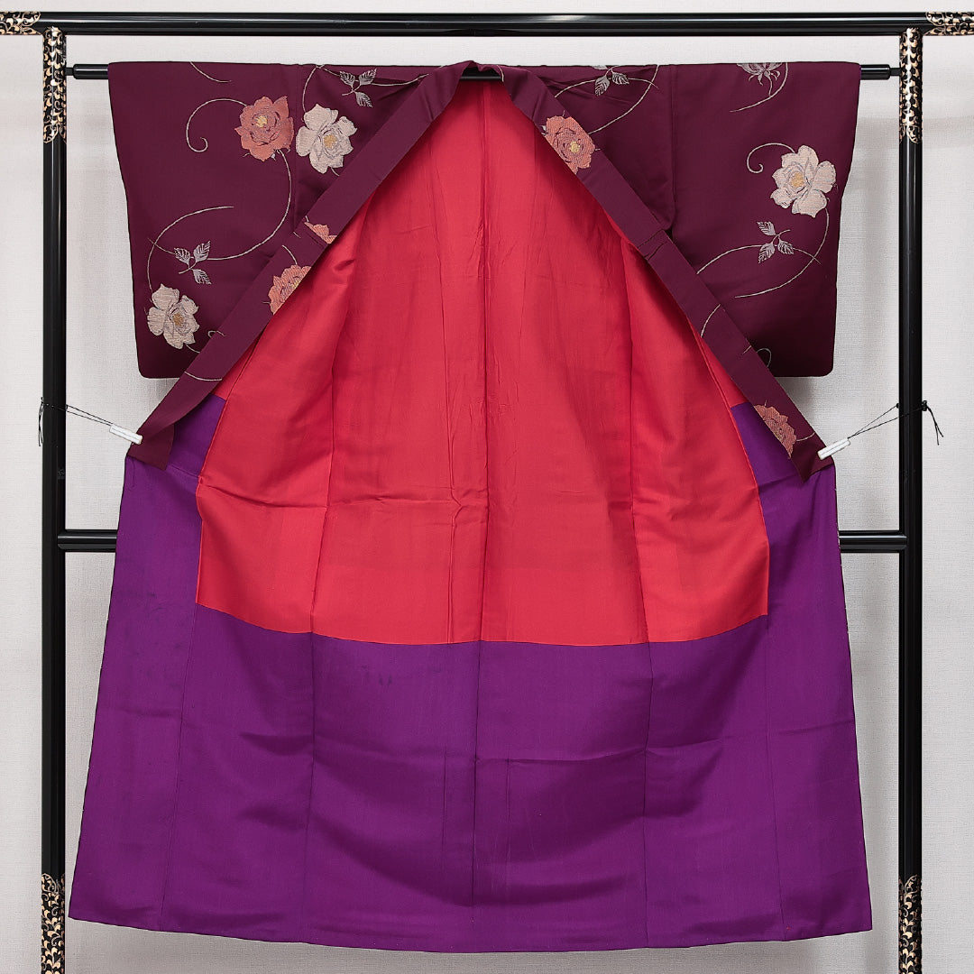 アンティーク お召 袷 身丈151cm 裄丈60cm 正絹 Aランク バチ衿 Sサイズ 薔薇 紫系 RP 1222-14234