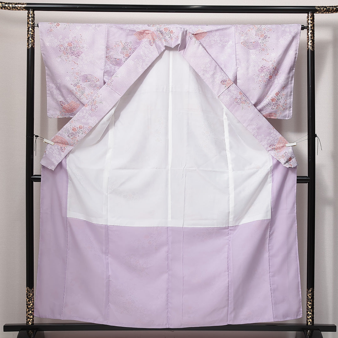 小紋 洗える着物 袷 身丈159cm 裄丈64cm ポリエステル Sランク Mサイズ 広衿 インフォーマル 扇 橘 しつけ糸 紫系 1215-14819
