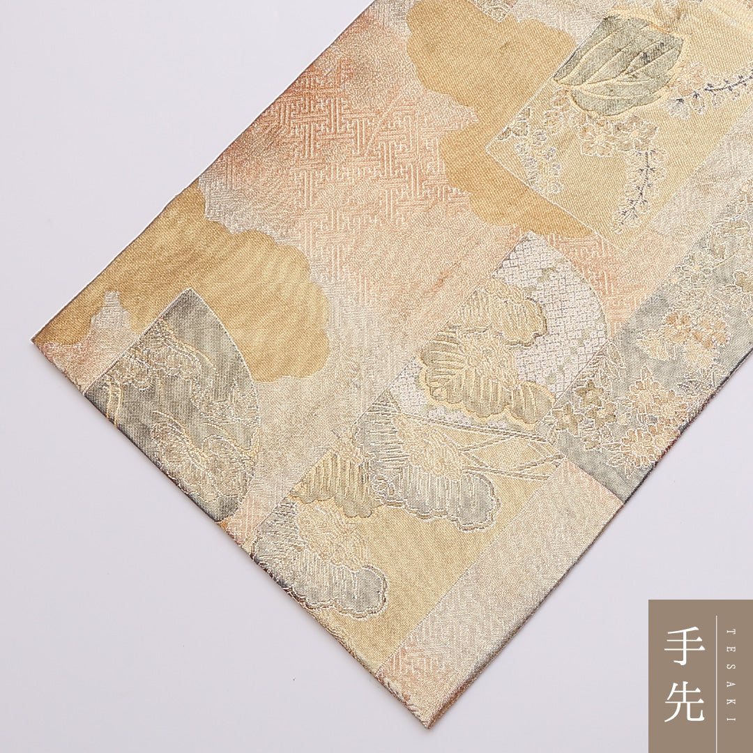 袋帯 帯丈424cm 六通 佐賀錦 桐 笠松 鶴 吉祥文様 セミフォーマル 金系 正絹 Aランク 1223-00888