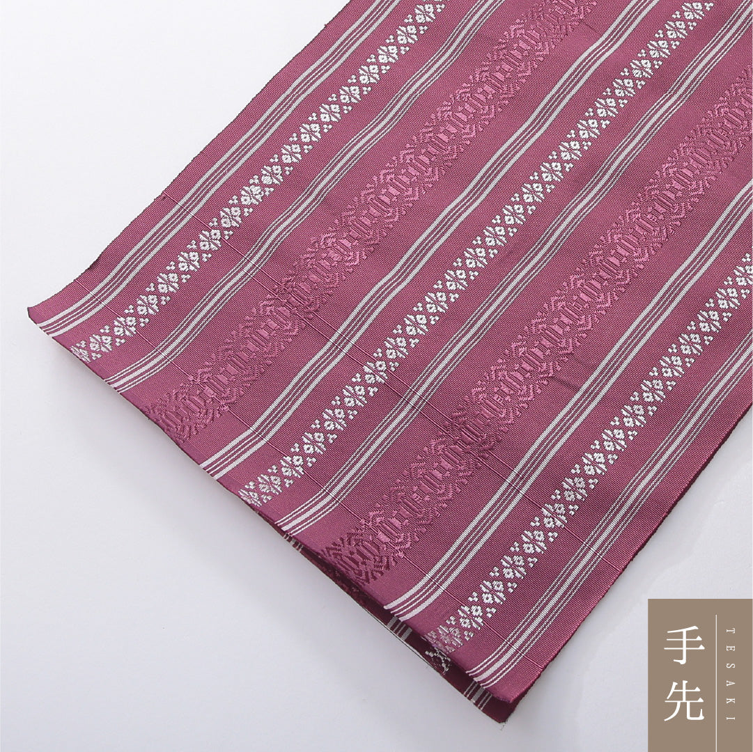 八寸名古屋帯 帯丈394cm インフォーマル 開き仕立て 全通 未仕立て 帯芯なし Sランク 正絹 本場筑前博多織 献上柄 ピンク系 1224-03886