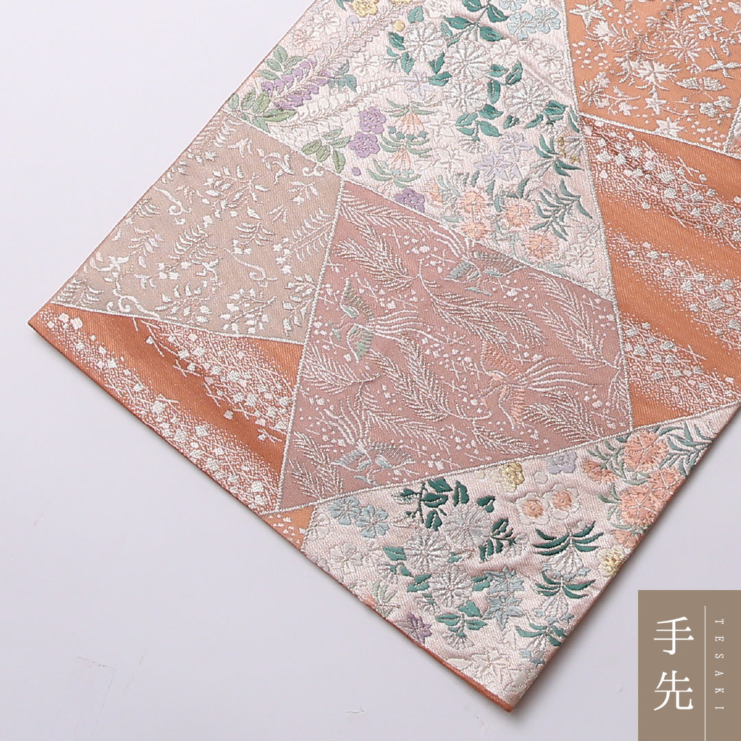 袋帯 帯丈442cm 六通 フォーマル Sランク 正絹 尾長鳥 藤 古典的 華やか 朱系 1223-01593