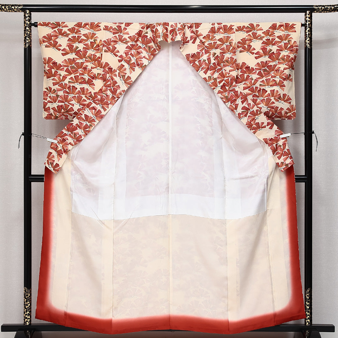 未使用品 小紋 袷 身丈158cm 裄丈63cm 正絹 Sランク インフォーマル 広衿 Mサイズ 金彩 しつけ糸 植物柄 クリーム系 RP 1221-14309