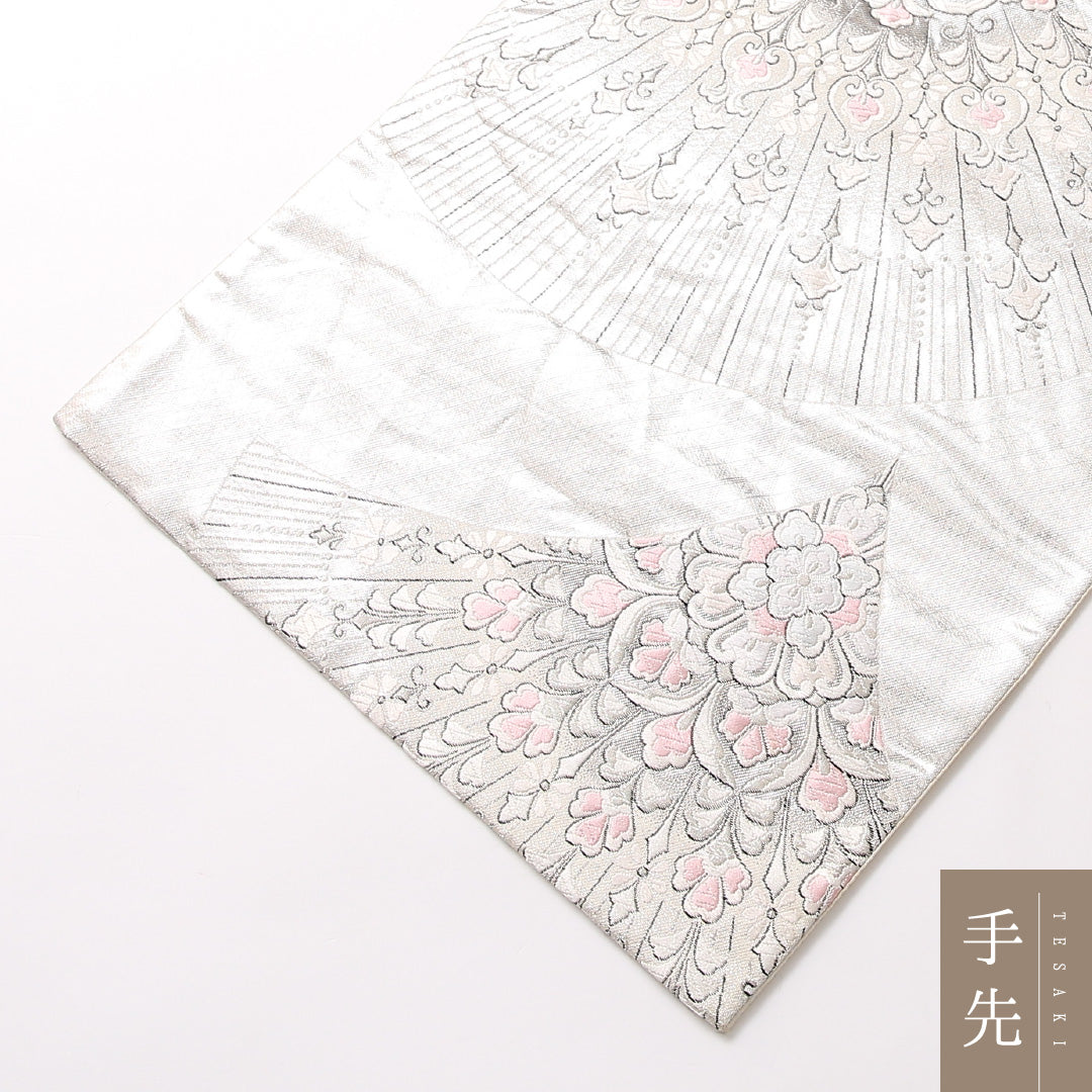 振袖用 袋帯 帯丈362cm 正絹 六通 扇面文 孔雀 銀系 1243-01731