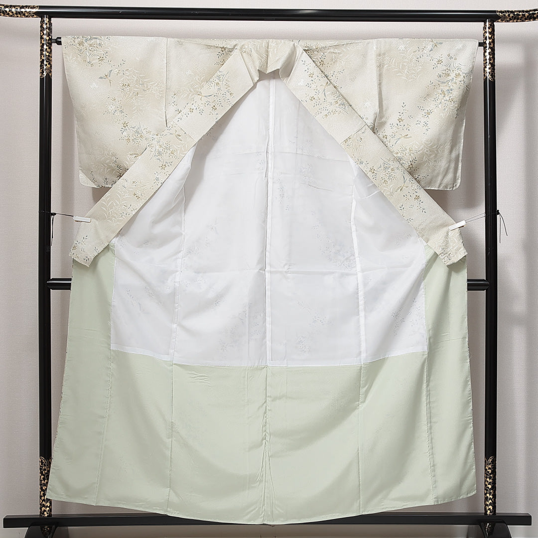 新古品 小紋 洗える着物 袷 身丈159cm 裄丈64cm ポリエステル Nランク Mサイズ 広衿 インフォーマル 花喰鳥 しつけ糸 緑系 1215-14816