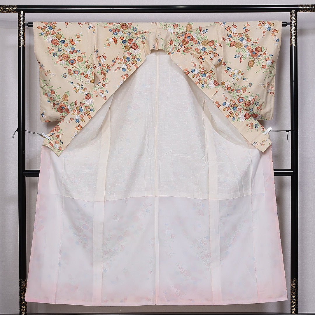 小紋 袷 身丈153cm 裄丈63cm 正絹 Aランク インフォーマル 広衿 Sサイズ 四季草花 クリーム系 RP 1221-11249