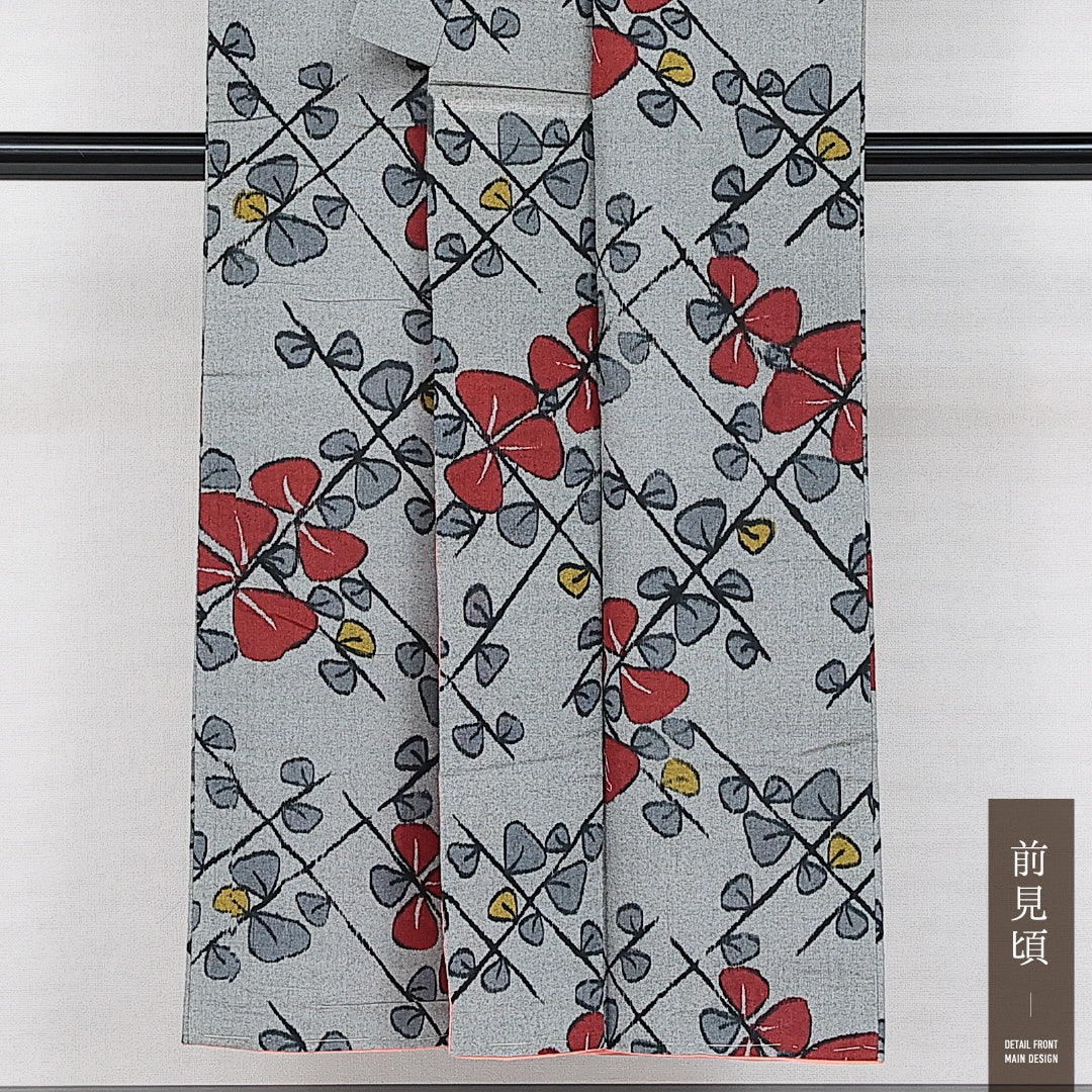 洗える着物 木綿の紬 袷 身丈146cm 裄丈62cm 木綿 Aランク カジュアル バチ衿 XSサイズ 花柄 グレー系 RP 1223-14538