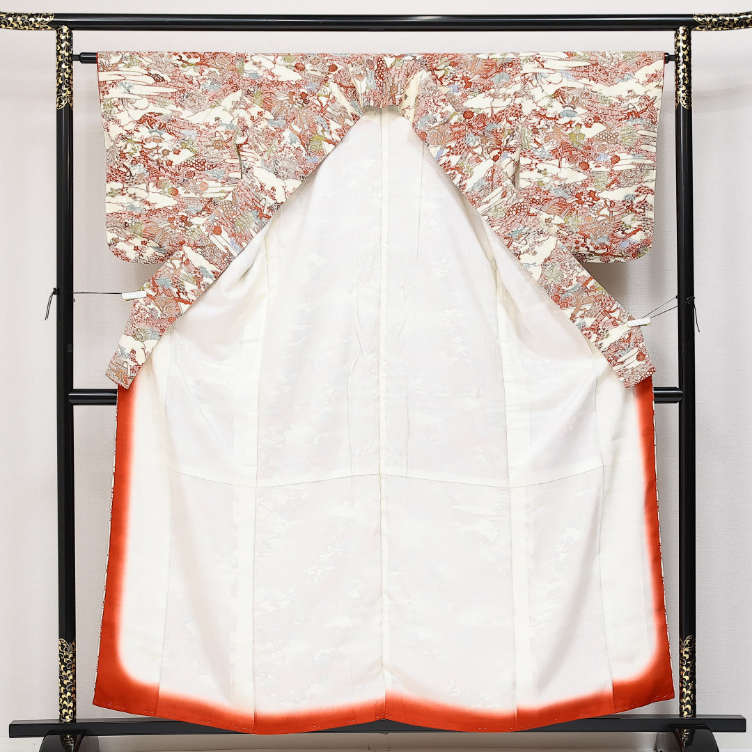 小紋 袷 身丈159cm 裄丈64cm 正絹 Cランク Mサイズ 広衿 インフォーマル 京紅型 御所解 クリーム系 1215-14597