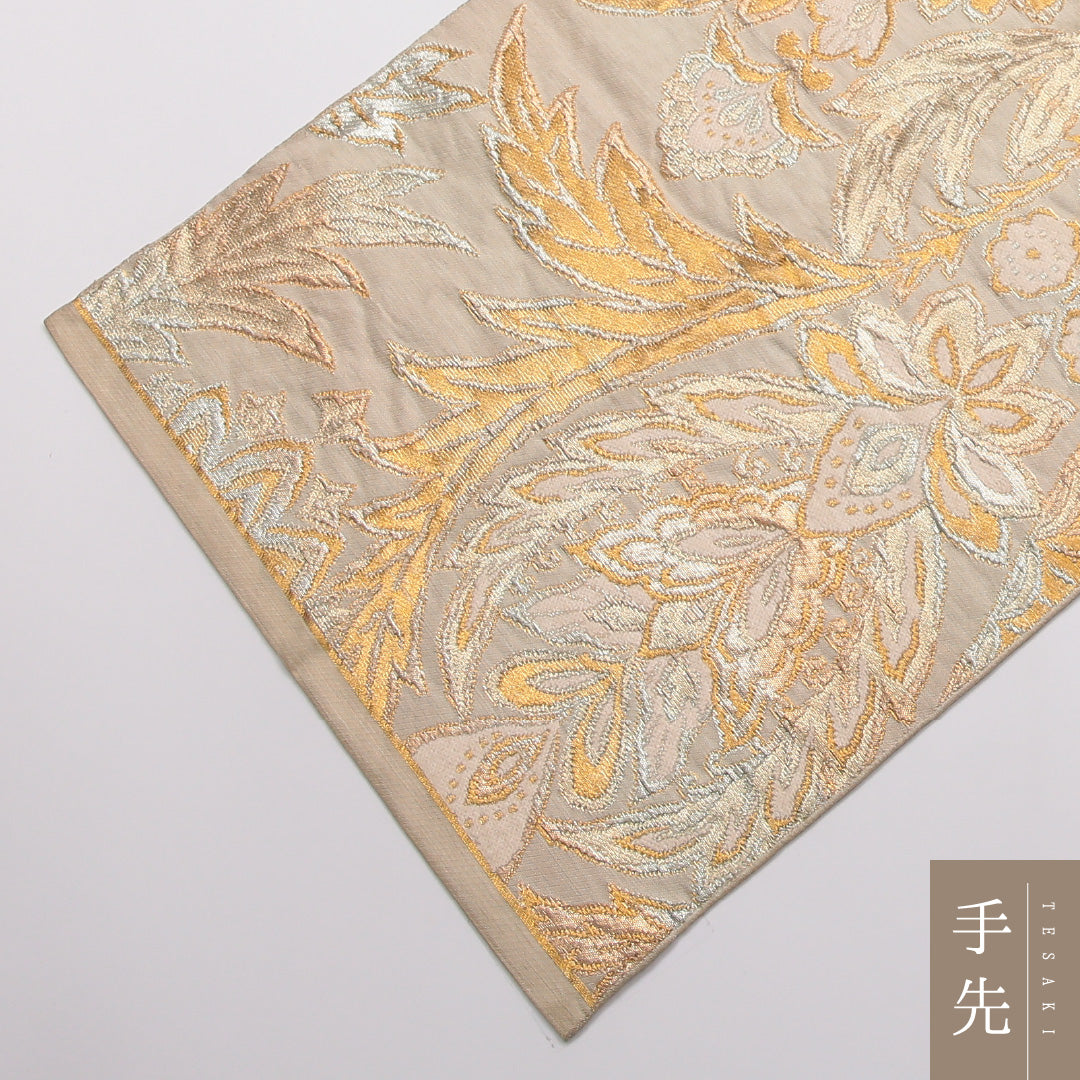 アンティーク 袋帯 帯丈408cm 正絹 六通 唐草華文 クリーム系 1243-01457