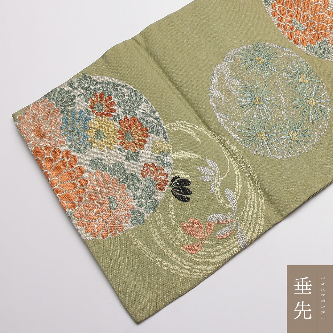 アンティーク 九寸名古屋帯 Cランク 帯丈334cm 正絹 六通 名古屋仕立て 染め ちりめん 菊 緑系 M4 1245-01794