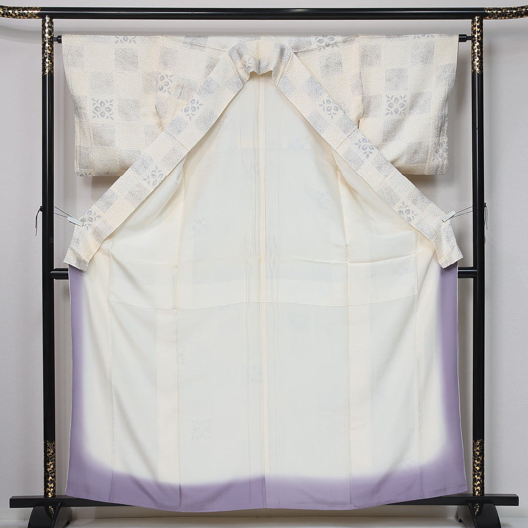 小紋 身丈161cm 裄丈63.5cm Cランク L 正絹 袷 広衿 ふくれ織 市松 カジュアル クリーム系 1215-12057