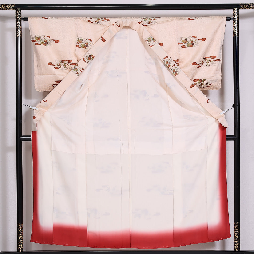 小紋 袷 身丈155cm 裄62cm 正絹 エ霞 金箔 クリーム系 Sランク しつけ糸 1215-02474