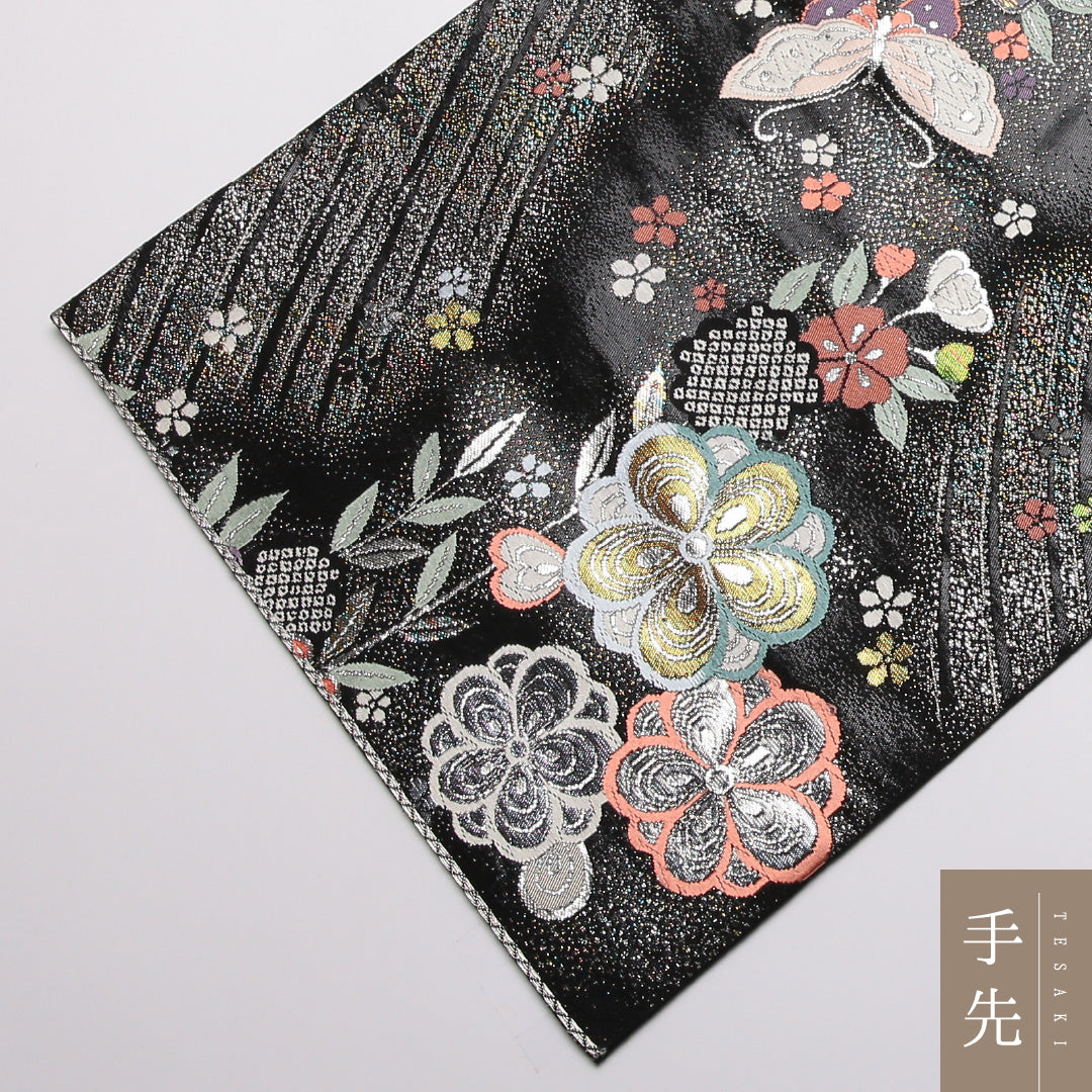 袋帯 帯丈432cm Sランク 六通 正絹 桜 蝶 黒系 蝶 1223-01370