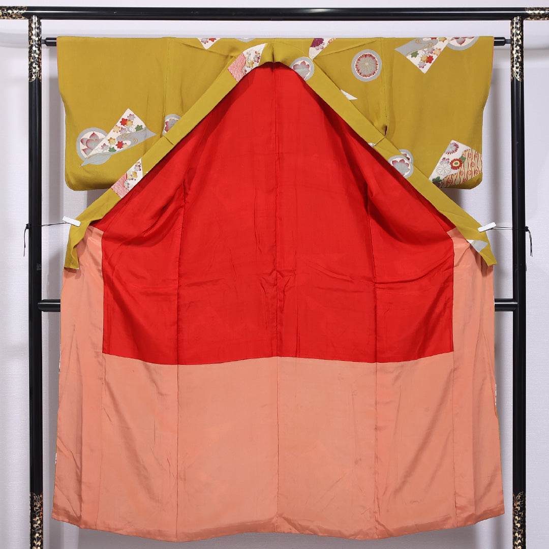アンティーク 小紋 袷 身丈150cm 裄丈62cm 正絹 Bランク バチ衿 Sサイズ 花柄 紅葉 黄系 M4 1221-11787