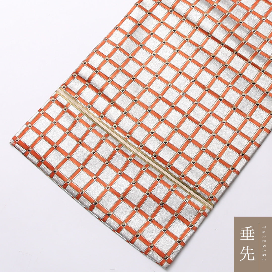 九寸名古屋帯 Aランク 帯丈332cm 正絹 全通 名古屋仕立て 染め カジュアル 格子 銀系 RP 1245-02797