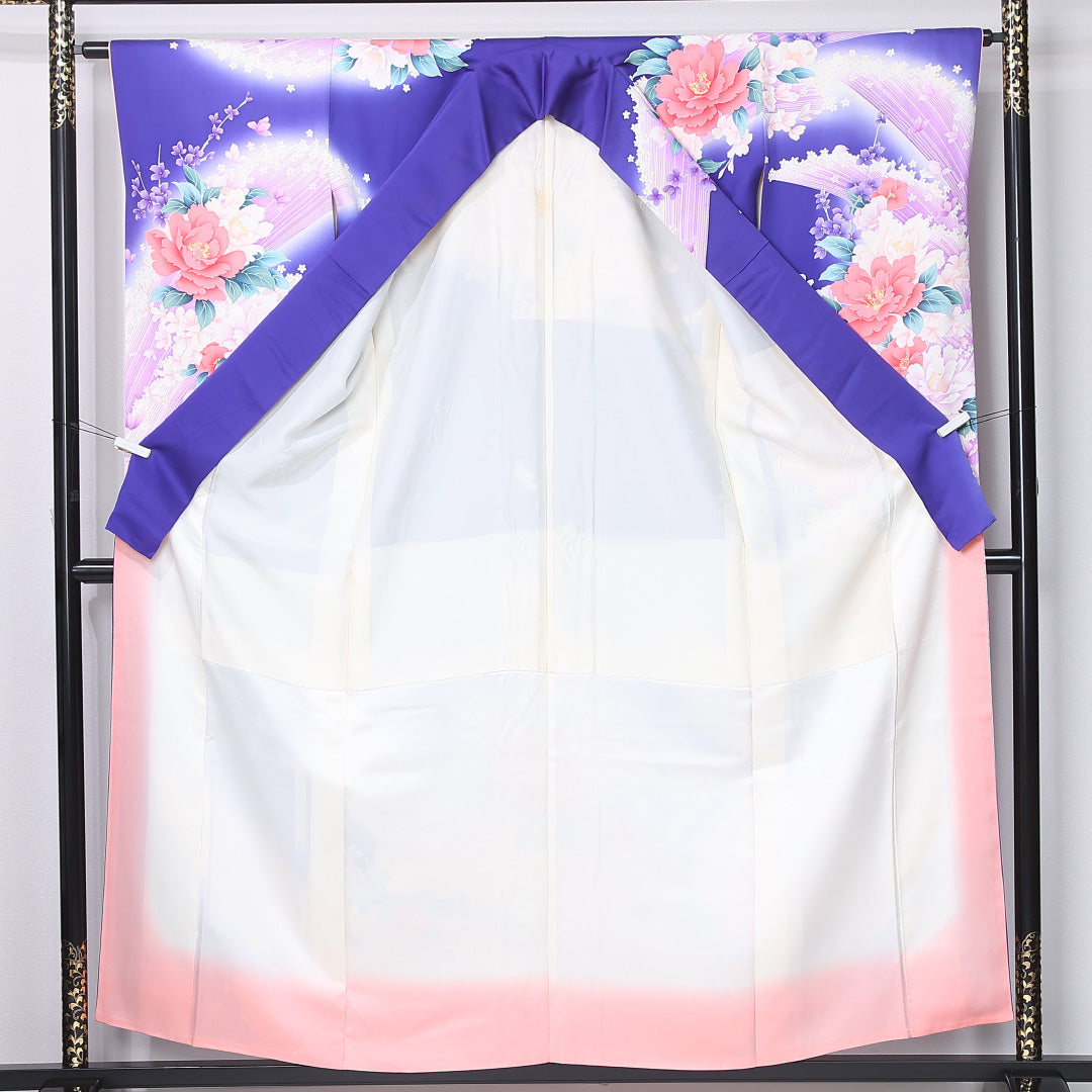 振袖 身丈157cm 裄丈63cm Cランク 袷 正絹 L 広衿 エレガント 牡丹 花柄 友禅 紫系 1213-F0440