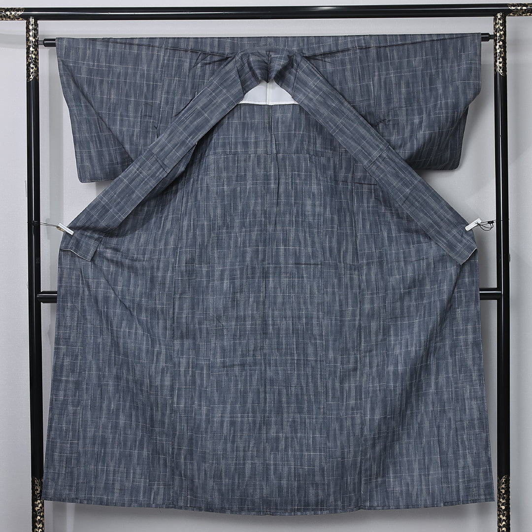 紬 単衣 身丈152cm 裄丈62cm 正絹 Cランク カジュアル 広衿 Sサイズ 肩当て 格子 紺系 LP 1223-12254